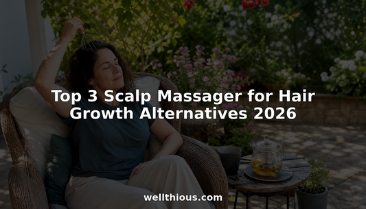 Woman using scalp massager in bright living room