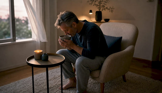 Woman relaxing with tea in cozy living room