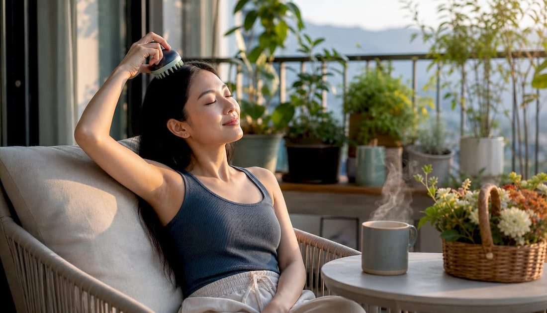 Woman relaxing with scalp massager at home
