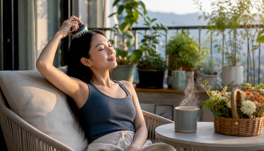 Woman relaxing with scalp massager at home