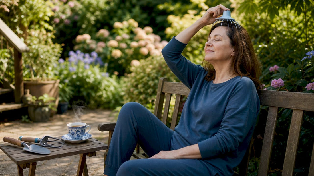 Woman using scalp massager relaxing at home