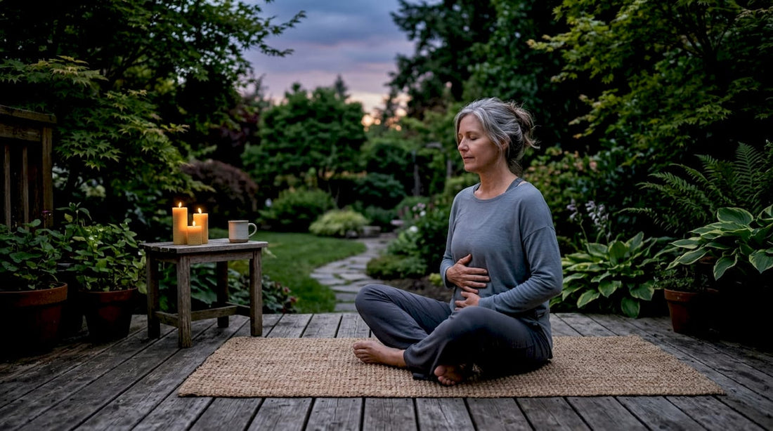 Woman practicing breathing exercises at home
