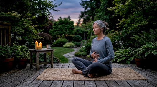 Woman practicing breathing exercises at home