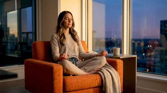Woman meditating in cozy living room