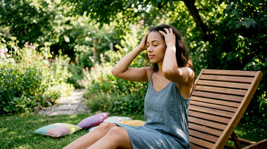 Woman massaging scalp at home in sunroom