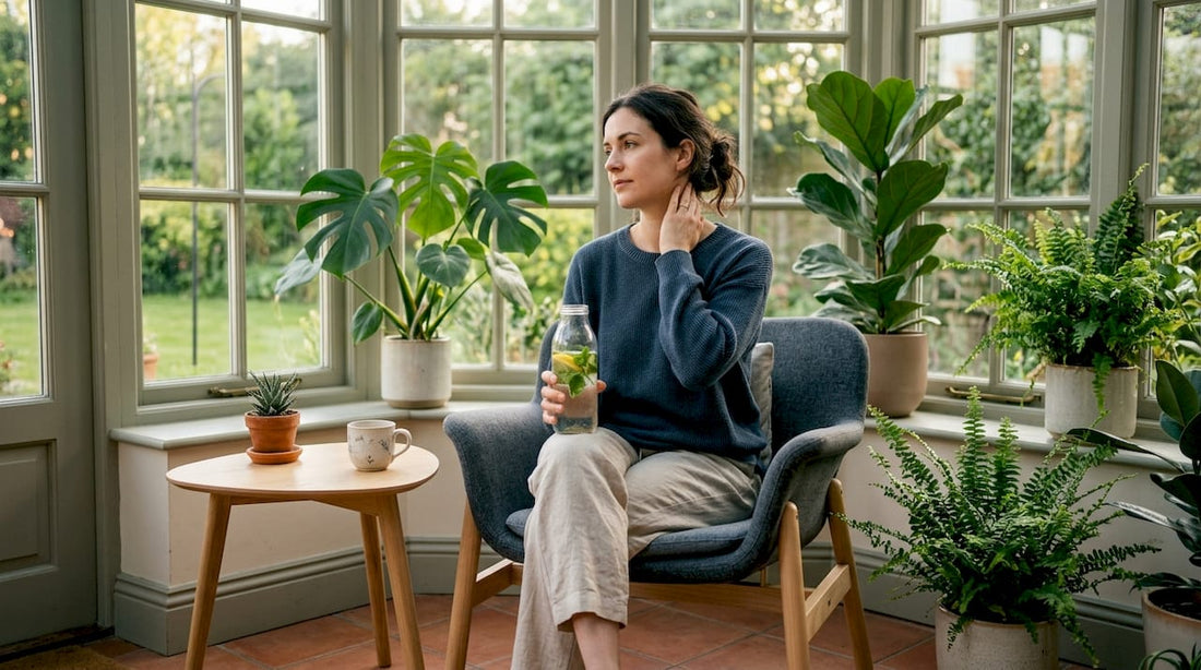 Woman massaging temple at home showing stress signs