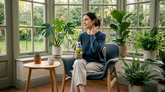 Woman massaging temple at home showing stress signs