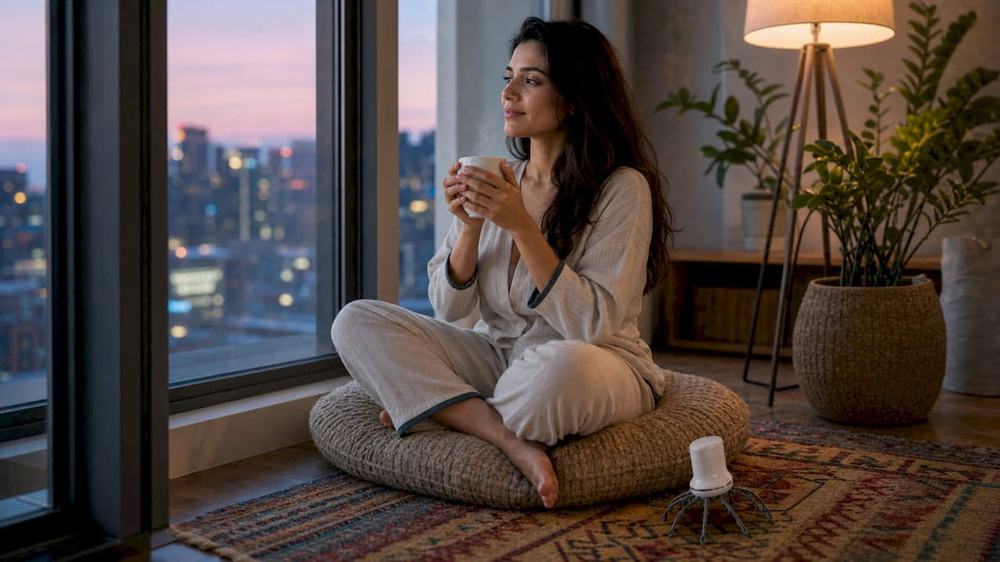 Woman relaxing with herbal tea on sofa at home