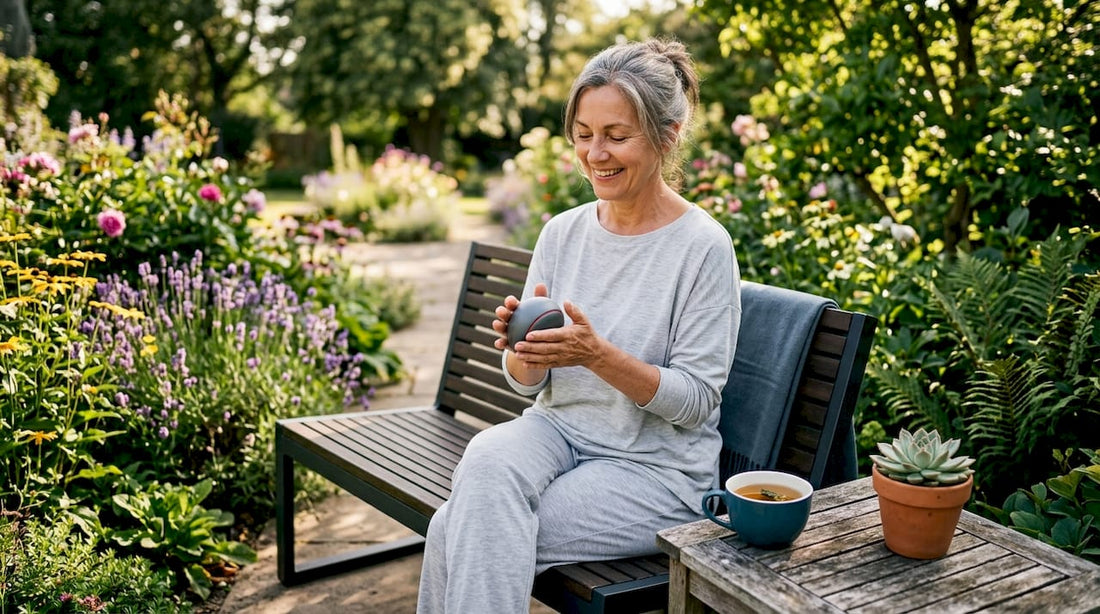 Woman using stress relief device at home