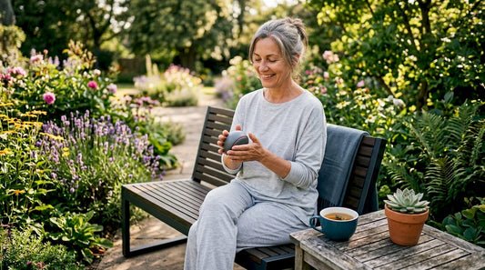 Woman using stress relief device at home
