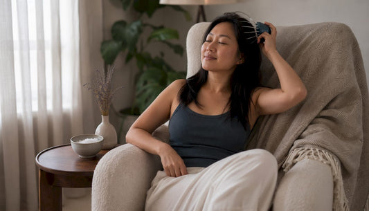 Woman using scalp massager in bathroom