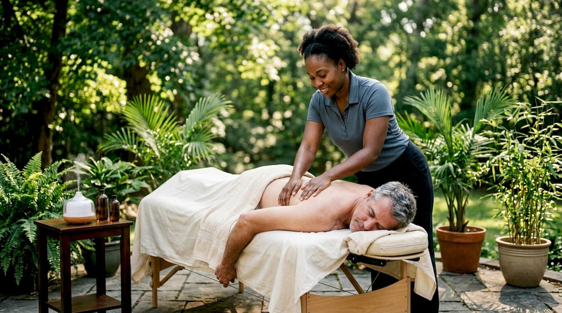 Therapist giving relaxing massage at home spa