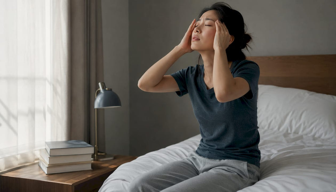 Woman rubbing temples after waking tired