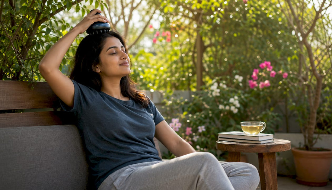 Woman using cordless head massager at home